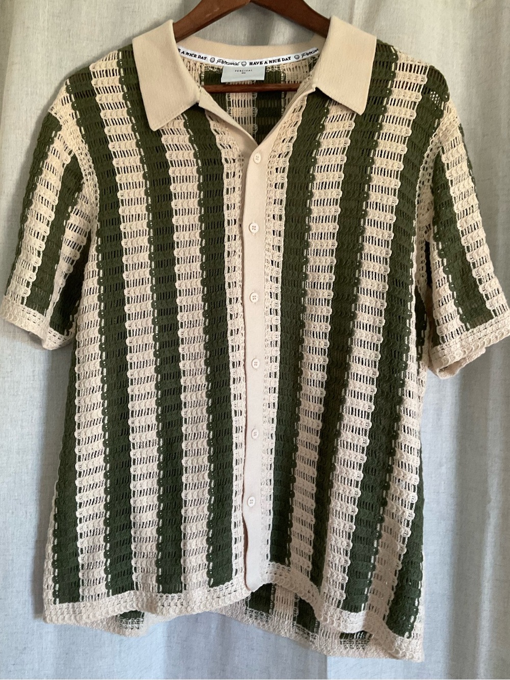 Percival Open Knit Crochet Polo Shirt Medium Green Cream Striped Organic Cotton